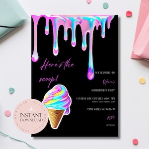 Ice Cream Invitation | Here&#39;s the Scoop Editable Birthday Invite | Ice Cream Drip Invite | Holographic Party Invite