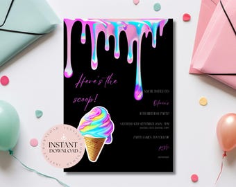 Invitación de cumpleaños de helado / Holográfica, plantilla editable (descarga digital)
