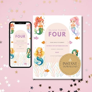 Four Birthday Invitations Mermaid, Mermaid 4th Birthday Invitation, Under the Sea Editable Template, Printable Party Invite for Girls