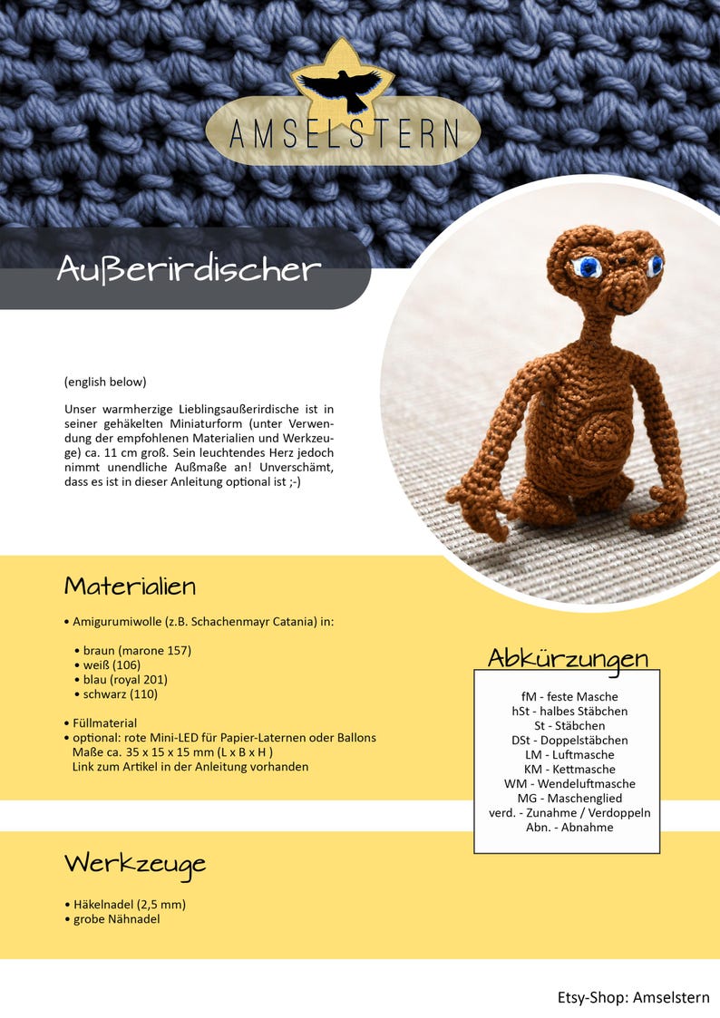 K&ouml;nnte beinhalten: Geh&auml;kelte braune Alien-Figur mit gro&szlig;en blauen Augen, kleinem Mund und langen Fingern. Die Figur ist ca. 11 cm gro&szlig;. Das Bild enth&auml;lt auch Text auf Deutsch.