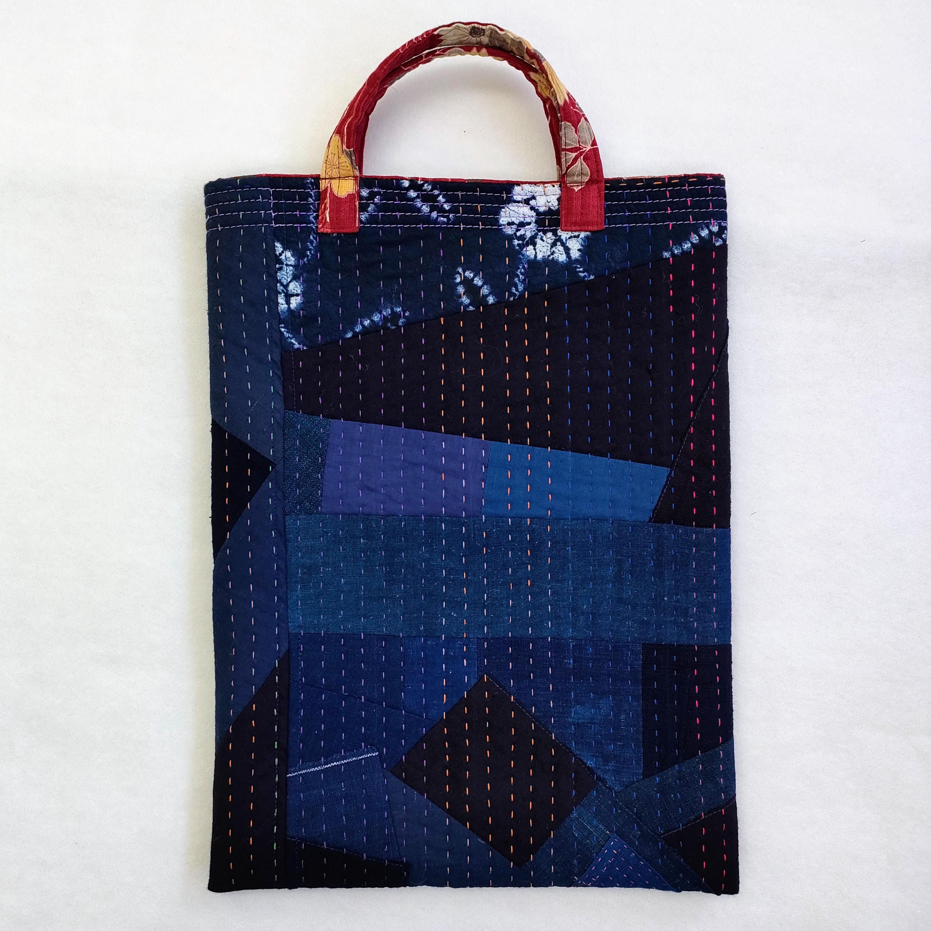 藍染襤褸(BORO)と刺し子のパッチワークトートバッグ｜A4収納可・着物