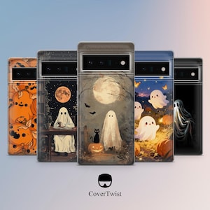 Pode incluir: Uma coleção de capas de telemóvel com designs de Halloween. As capas apresentam ilustrações de abóboras, fantasmas, um gato preto e uma lua cheia. As capas são em várias cores, incluindo laranja, preto e branco. O logótipo CoverTwist está na parte inferior.