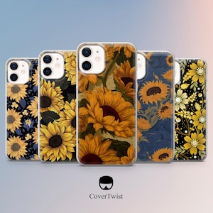 Puede incluir: Cinco fundas para teléfono con diseños de girasoles. Las fundas presentan varios fondos, incluyendo negro, azul marino y un patrón de estilo vintage. Los girasoles son en tonos amarillos y naranjas.