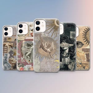 May include: A collection of five phone cases with unique designs. The cases feature vintage-style illustrations, including an angel, a statue, and the text "LOOK AT ME." The color palette includes beige, gray, and touches of gold.