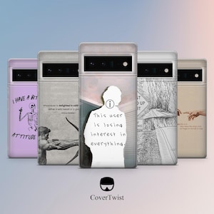 Op de afbeelding: Een verzameling telefoonhoesjes met diverse ontwerpen. Eén hoesje is lavendelkleurig met een skeletafbeelding en de tekst "I HAVE A BIT ATTITUDE". Andere hoesjes hebben illustraties en citaten. Het merklogo "CoverTwist" staat onderaan.