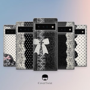 May include: A selection of phone cases with diverse designs. The cases display black and white patterns, including polka dots and lace. One case has a white bow. The CoverTwist logo is at the bottom.