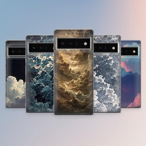 Könnte beinhalten: Eine Sammlung von fünf Handyhüllen mit Wolkenmotiven. Die Hüllen weisen eine Vielzahl von Farben auf, darunter Dunkelblau, Weiß und Gold. Jede Hülle hat einen Kameraausschnitt und einen transparenten Rand.