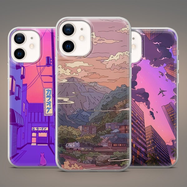 Coque de portable rose Lofi Kawaii Urban & Mountain Cover pour iPhone 15Pro, 14, 13, 12, 11, Samsung S23Ultra, S22, S21Fe, S20+, A13, A14, Pixel 8A