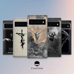 Könnte beinhalten: Eine Sammlung von Handyhüllen mit religiösen Bildern. Designs umfassen ein Kreuz, eine Figur am Kreuz, eine Figur in Wolken mit strahlendem Licht, eine aufsteigende Figur und eine Dornenkrone. Die Hüllen sind schwarz, weiß und grau.