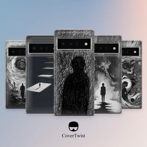 May include: A collection of phone cases with unique, artistic designs. Each case features a different black and white illustration, including a figure in a maze, a person on a path, and a silhouette. The cases are branded with the CoverTwist logo.