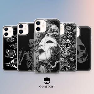 Puede incluir: Una colección de cinco fundas para teléfono con diseños gráficos únicos en blanco y negro. Los diseños incluyen un esqueleto, una cara con detalles fluidos y un patrón de ojos. El logotipo de la marca "CoverTwist" está en la parte inferior.