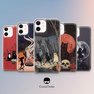 Pode incluir: Uma coleção de cinco capas de telefone com ilustrações temáticas de Halloween. Os designs apresentam gatos pretos, uma caveira, uma lua cheia e uma fogueira. As capas têm uma borda transparente e um fundo gradiente.