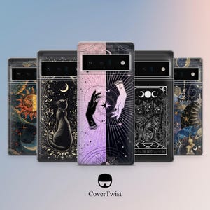 May include: A selection of phone cases with mystical and celestial designs. The cases feature illustrations of a black cat, hands with stars, a sun, moons, and cats. The cases are black, purple, and gold with the CoverTwist logo at the bottom.