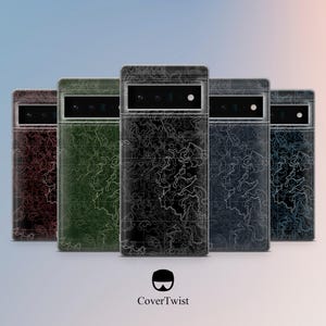 May include: Five phone cases in various colors, including burgundy, green, black, navy, and teal. Each case features a topographic map design in white. The cases are arranged vertically, with the CoverTwist logo at the bottom.