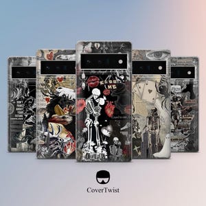 May include: A collection of phone cases with a gothic theme. Each case features a collage of images, including skeletons, hearts, lips, and text. The cases are primarily black and white with red accents. The text includes phrases like "Kiss Me" and "Don't Panic About Your Future".