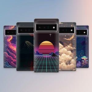 Peut inclure: Cinq coques de téléphone avec différents motifs. L'une présente un coucher de soleil pixélisé sur une grille, une autre montre une montagne, et d'autres affichent des nuages, une scène de nuit avec des champignons et un ciel coloré. Les coques ont une bordure transparente.