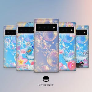 May include: A collection of five phone cases with bubble-themed designs. Each case features a different bubble-filled scene with various colors and elements, including flowers, fish, and water splashes. The cases are displayed against a gradient background.