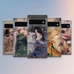 May include: Five phone cases with artistic designs. The cases showcase diverse artworks, including a woman with long dark hair, a figure with green and brown tones, and a ballerina. The cases have a clear, glossy finish.