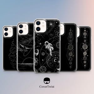 May include: A set of black phone cases with white celestial designs. The cases display illustrations of an astronaut, planets, constellations, and a whale. The brand logo "CoverTwist" is at the bottom.