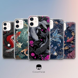 May include: Several phone cases with artistic koi carp and floral designs. The cases display a range of colours, including black, red, blue, and pink, with detailed illustrations. The brand logo "CoverTwist" is visible at the bottom of the image.