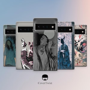 May include: A collection of phone cases with unique graphic designs. The cases feature illustrations of a woman, a figure in a kimono, a monster, a robed figure, and a fox-like creature. The cases are displayed against a gradient background.