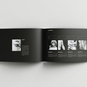 May include: A black and white book with the word "CONTENTS" on the cover. The book is open to a page with four black and white images of sculptures. The page also has the words "PROJECT 1", "PROJECT 2", "PROJECT 3", and "PROJECT 4" printed on it.