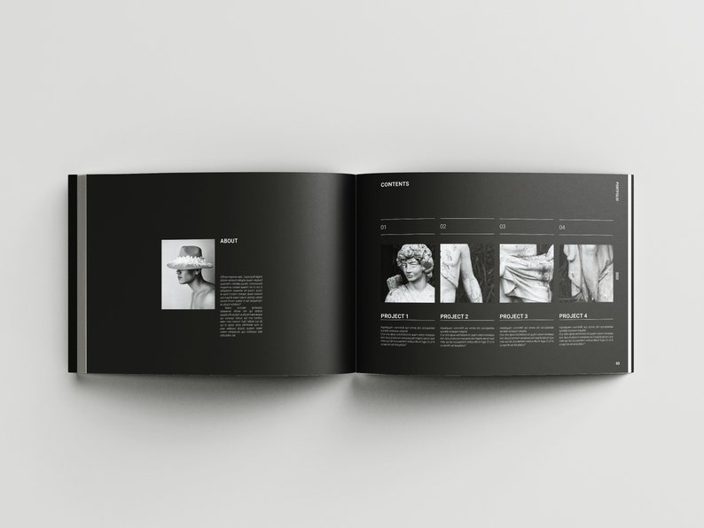 May include: A black and white book with the word "CONTENTS" on the cover. The book is open to a page with four black and white images of sculptures. The page also has the words "PROJECT 1", "PROJECT 2", "PROJECT 3", and "PROJECT 4" printed on it.