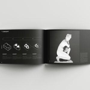 May include: A black and white book open to a page with the word "CONCEPT" at the top. The left page shows four different geometric shapes, each labeled with a number. The right page shows a black and white photo of a sculpture of a woman kneeling.