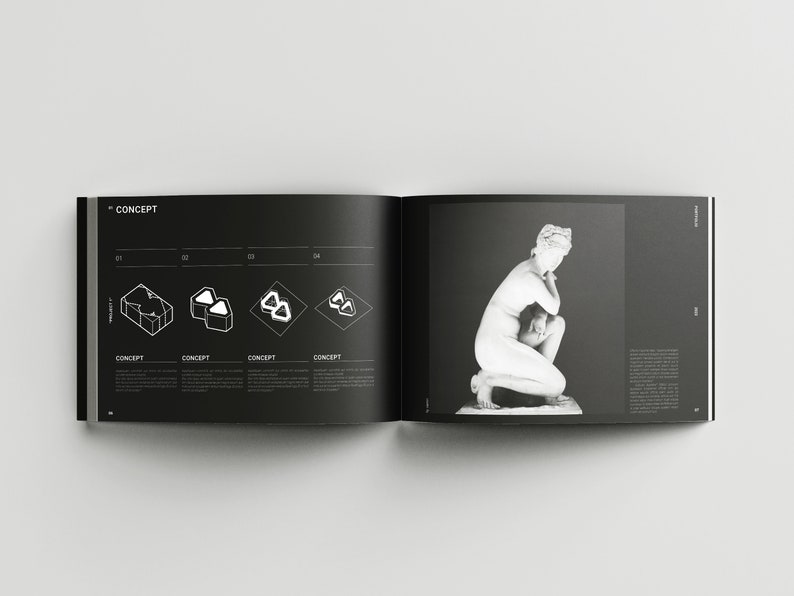 May include: A black and white book open to a page with the word "CONCEPT" at the top. The left page shows four different geometric shapes, each labeled with a number. The right page shows a black and white photo of a sculpture of a woman kneeling.