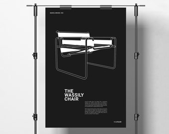 Wassily Stuhl Poster, Marcel Breuer, Bauhaus Möbel, kultiger Stuhl Poster, Mid Century Wandkunst, schwarzweiße Bürodeko
