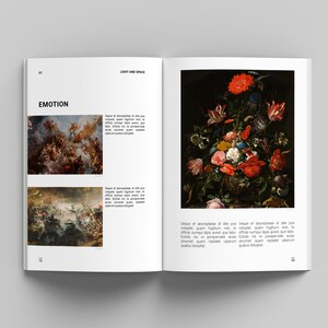 May include: An open book with two pages displaying different paintings. The left page features a painting depicting a battle scene with much action and movement. The right page shows a still life painting of a vase of flowers against a dark background.