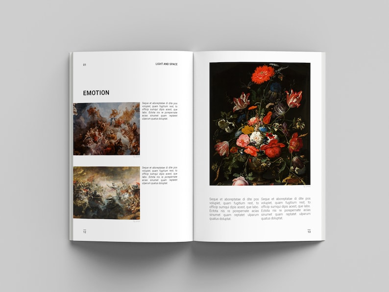 May include: An open book with two pages displaying different paintings. The left page features a painting depicting a battle scene with much action and movement. The right page shows a still life painting of a vase of flowers against a dark background.