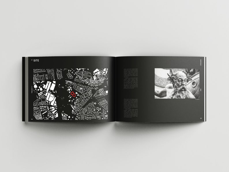 May include: A black and white image of a book open to a page with a map of a city and a black and white photo of a statue of a man with a beard. The map shows a red circle around a specific location. The text "SITE" is visible at the top of the page.