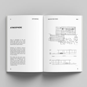 May include: A black and white architectural drawing of a house with a grid pattern on the roof. The drawing includes a top view and two side views of the house. The text "ATMOSPHERE" is at the top of the page.