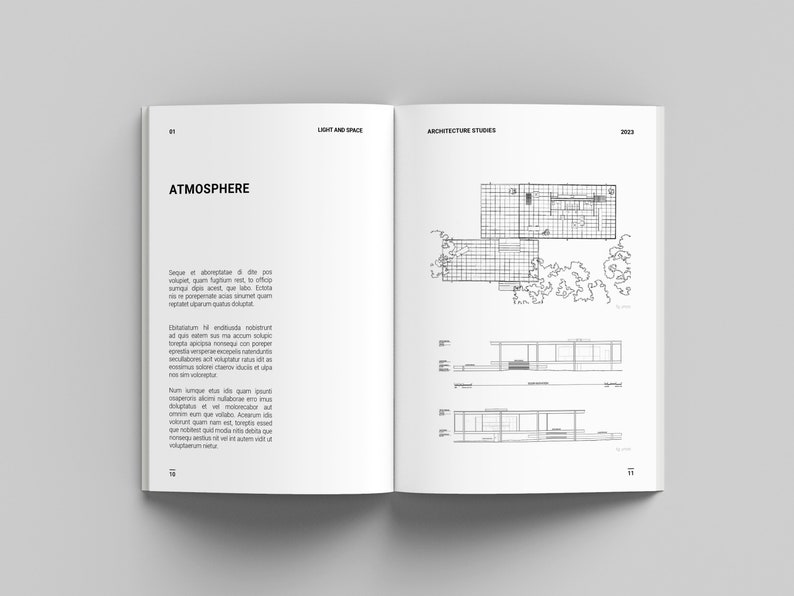 May include: A black and white architectural drawing of a house with a grid pattern on the roof. The drawing includes a top view and two side views of the house. The text "ATMOSPHERE" is at the top of the page.