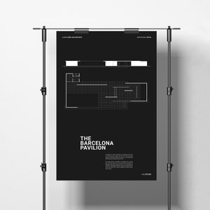Barcelona paviljoen print, Ludwig Mies van der Rohe, klassieke architectuur poster, zwart-wit kunst print, moderne architectuur, Bauhaus