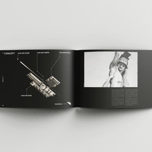 May include: A black and white image of a book open to a page with a diagram of a building and a black and white photo of a statue. The diagram is labeled with German text: "Auge der Sonne", "Auge des Lebens", "Saulen Garten", "Auge der Ruhe", and "Panorama". The text "CONCEPT" is also visible on the page.