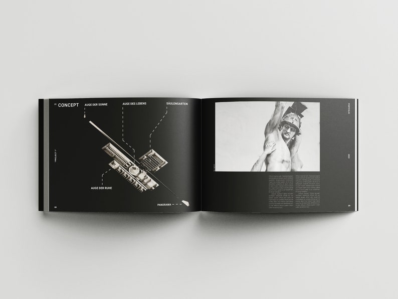 May include: A black and white image of a book open to a page with a diagram of a building and a black and white photo of a statue. The diagram is labeled with German text: "Auge der Sonne", "Auge des Lebens", "Saulen Garten", "Auge der Ruhe", and "Panorama". The text "CONCEPT" is also visible on the page.