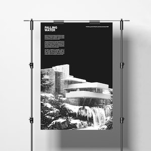Fallingwater Poster, Frank Lloyd Wright, Architecture Graphic Poster, Falling Water Print, Black and White Art, Modern Architecture