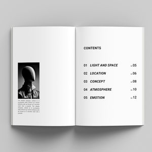 May include: A black and white photograph of a mannequin wearing a leather jacket and a white shirt. The photo is from a book with a table of contents listing the chapters: Light and Space, Location, Concept, Atmosphere, and Emotion.