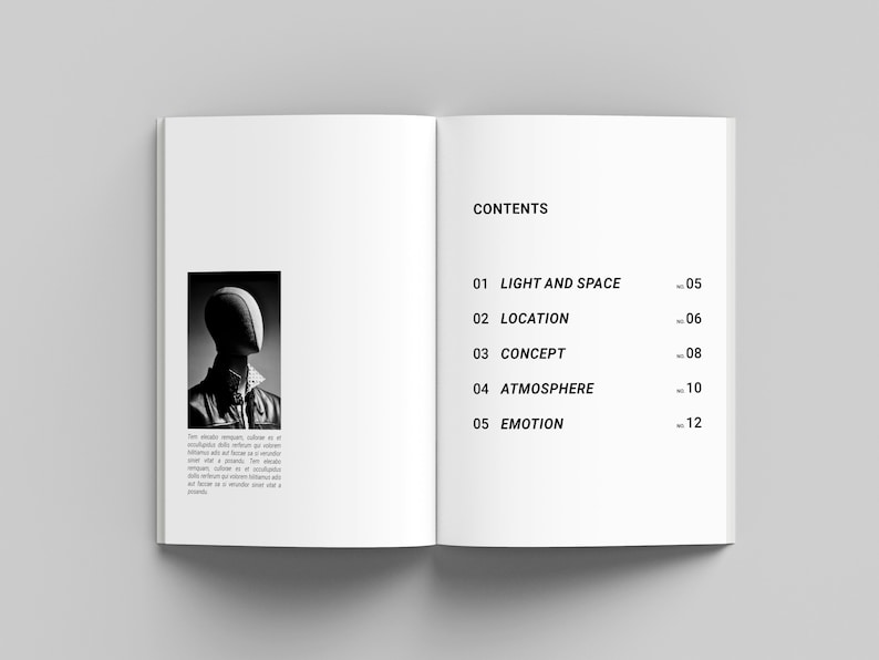 May include: A black and white photograph of a mannequin wearing a leather jacket and a white shirt. The photo is from a book with a table of contents listing the chapters: Light and Space, Location, Concept, Atmosphere, and Emotion.