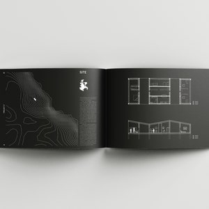 May include: A black and white image of a site plan and floor plans for a house. The site plan shows a topographic map of a hilly area with a small building in the center. The floor plans show the layout of the house, including the bedrooms, bathrooms, and living spaces.