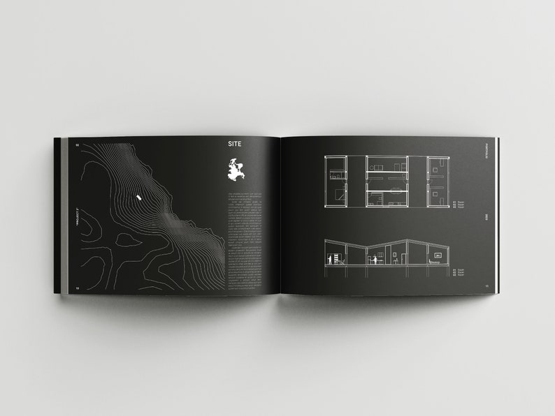 May include: A black and white image of a site plan and floor plans for a house. The site plan shows a topographic map of a hilly area with a small building in the center. The floor plans show the layout of the house, including the bedrooms, bathrooms, and living spaces.