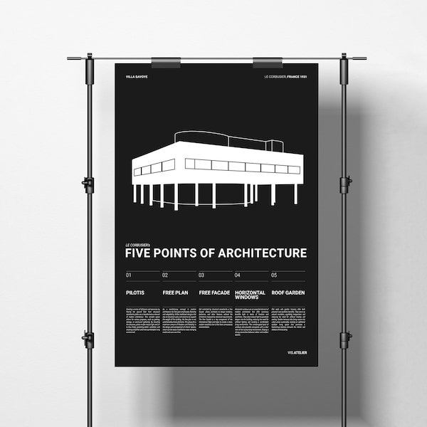 Villa Savoye Grafik Poster, Le Corbusier Poster, 5 Punkte der Architektur, Bauhaus Poster, Schwarz und Weiß, Moderne Architektur Poster
