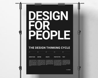Poster Five Principles of Design Thinking, productontwerp, UI/UX, architectuur, op Bauhaus geïnspireerd ontwerp, zwart-witinfographic