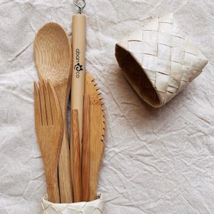 Juego de cubiertos de bambú ecológicos / Utensilios reutilizables / Set de viaje sostenible y sin residuos / Hecho a mano / Idea de regalo sin plástico