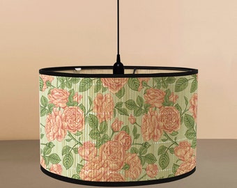 Green Flower Pattern Bamboo Lamp Shade, Vintage Japanese Style Chandelier Lampshade Light Cover for Floor Table Lamp E27, UV Print Lampshade