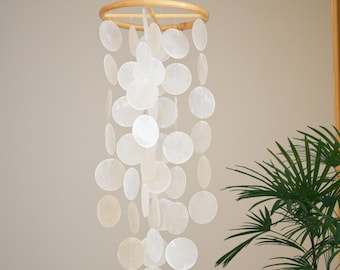 White Capiz Shell Wind Chime Home Decor, Nature Art, Sun Catcher, Housewarming Gifts, Boho Wall Hanging