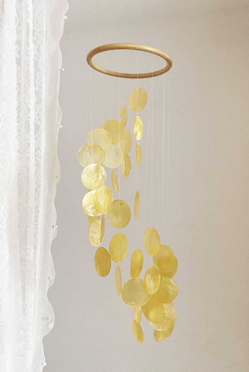 Yellow Capiz Shell Wind Chime Wall Hanging Mobile Decor, Boho Dreamcatcher, Garden Decoration, Multi Colors Optional, Housewarming Gift image 1