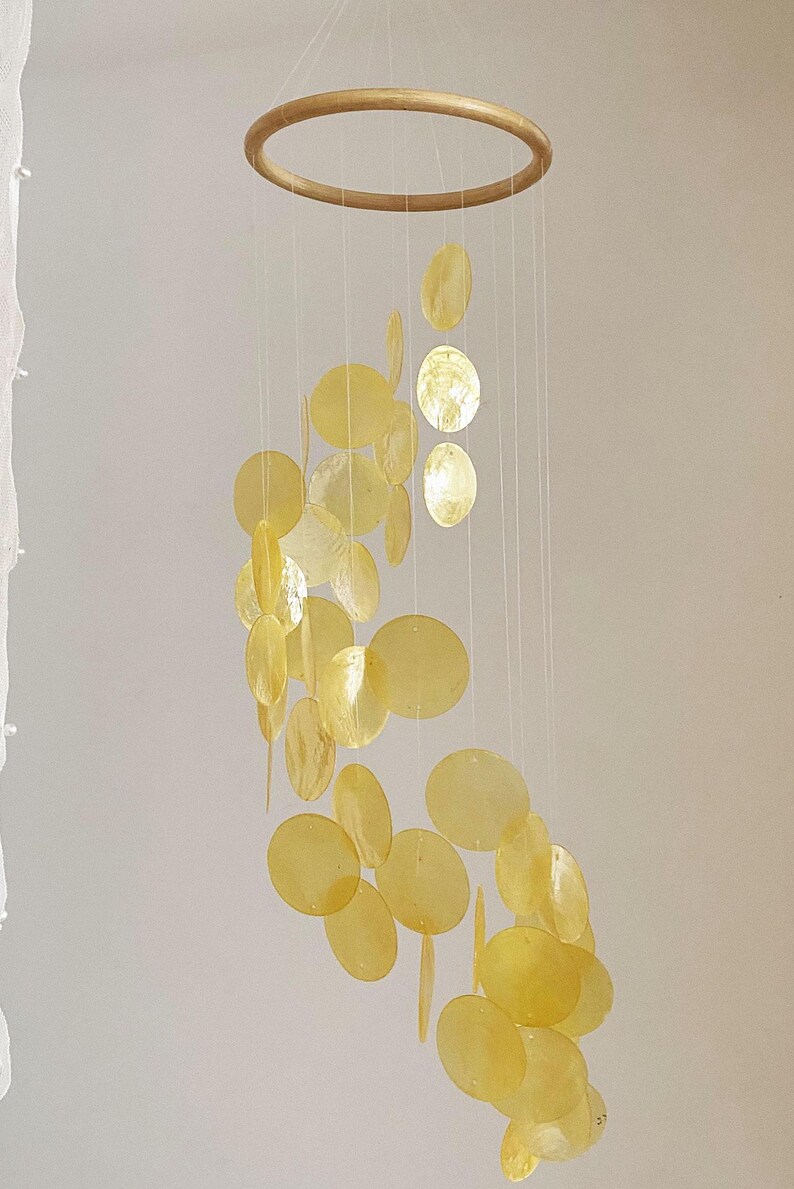 Yellow Capiz Shell Wind Chime Wall Hanging Mobile Decor, Boho Dreamcatcher, Garden Decoration, Multi Colors Optional, Housewarming Gift image 3